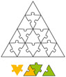 Jigsaw puzzle in the form of a triangle with single pieces which can be individually removed and arranged. Illustration on white background. Vector.