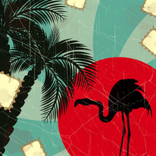 Retro Blue Tropical Background With Flamingo