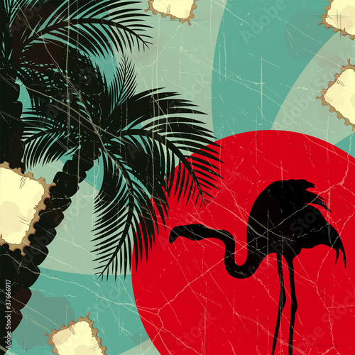 Naklejka - mata magnetyczna na lodówkę retro blue tropical background with flamingo