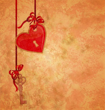 Grunge Textured Background With Lock Red Heart And Key Hanging O