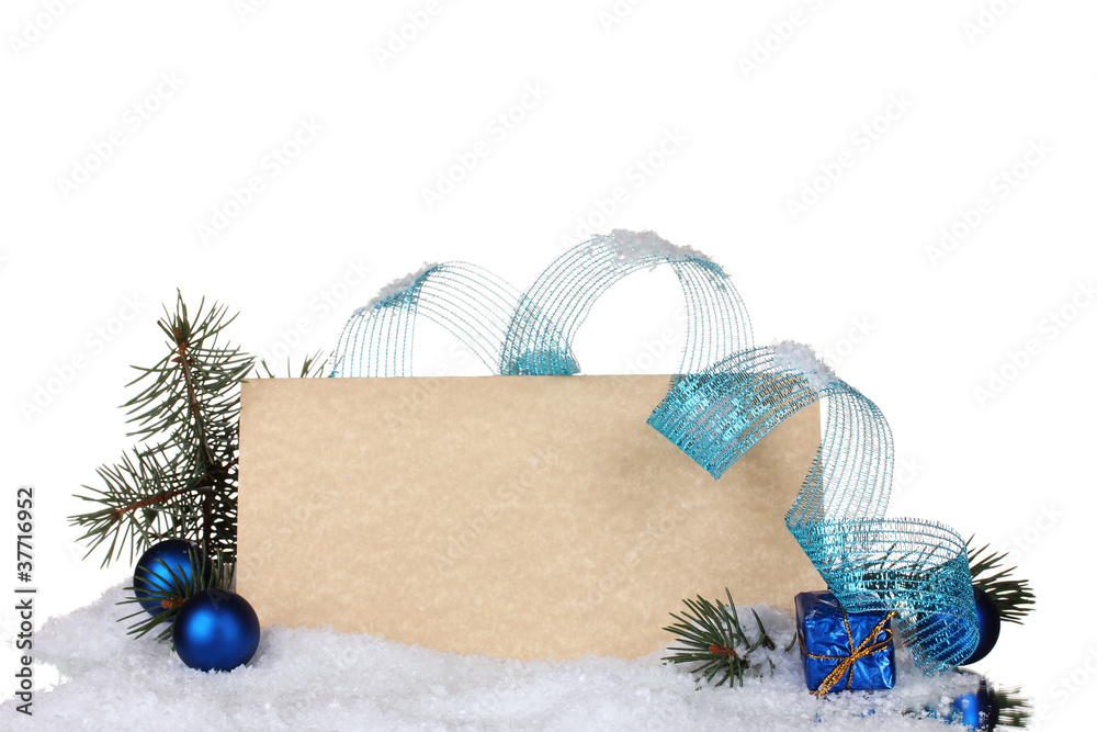 blank postcard, Christmas balls and fir-tree