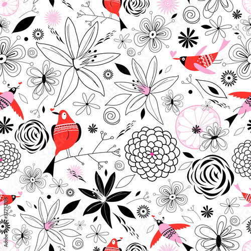 Naklejka - mata magnetyczna na lodówkę floral pattern with birds in love
