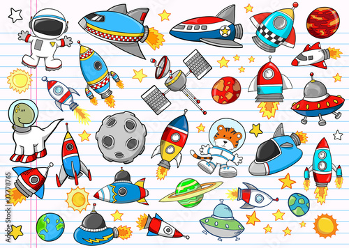 Naklejka - mata magnetyczna na lodówkę Outer Space Doodle Sketch Vector Illustration Set