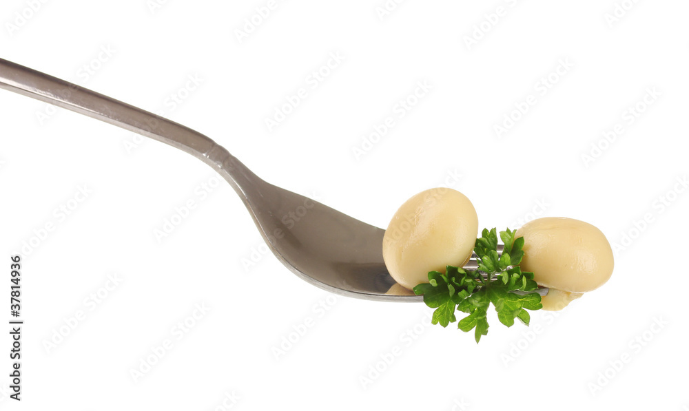 Marinated mushroom on a fork isolated on white