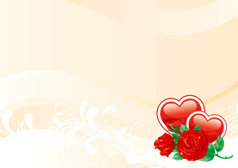 Red roses and two hearts on ornate background.