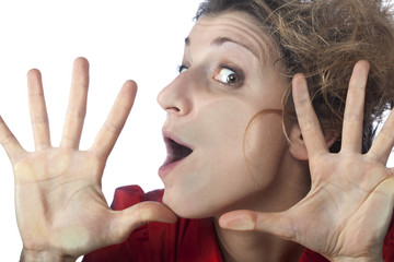 female face pressed against a glass