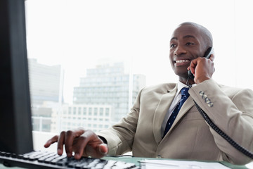 Wall Mural - Businessman on the phone while using a computer