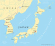 Japan, North and South Korea political map with capitals Tokyo, Pyongyang and Seoul, with national borders, rivers and lakes. Illustration with english labeling. Vector.