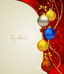 Poster - red Christmas background with colored evening balls