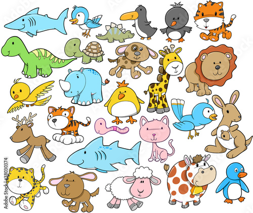 Obraz w ramie Cute Animal Vector Design Elements Set