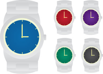 Isolated watches.  5 different colored faces.