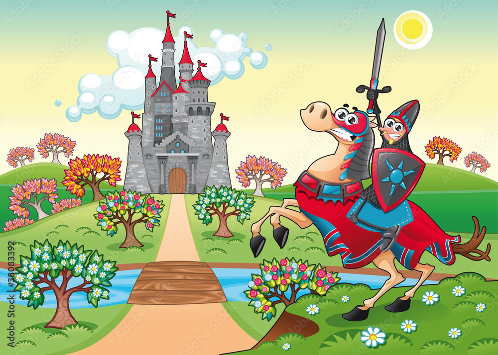 panorama-z-sredniowiecznym-zamkiem-i-rycerzem-ilustracji-wektorowych