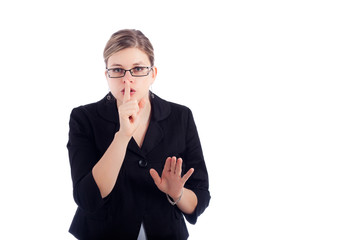 Wall Mural - Business woman gesturing silence sign