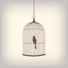Vintage Bird Cage With Single Bird Inside.