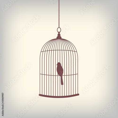 Fotografie, Obraz Vintage bird cage with single bird inside.