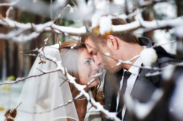 Lovers bride and groom look at each other