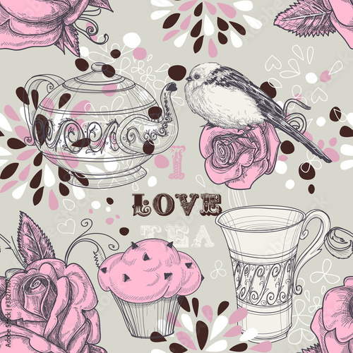 Nowoczesny obraz na płótnie Tea love seamless pattern