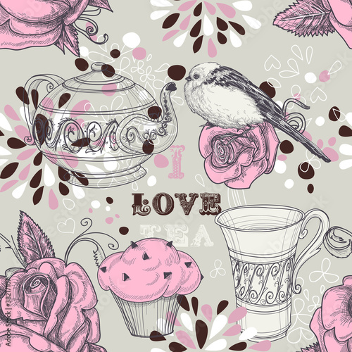 Naklejka - mata magnetyczna na lodówkę Tea love seamless pattern