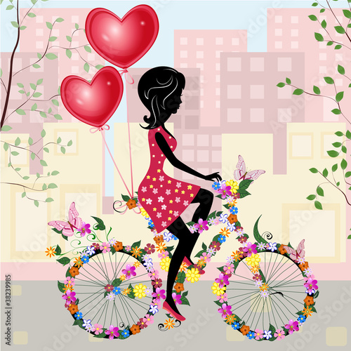 Naklejka - mata magnetyczna na lodówkę Flower girl bike with air valentines