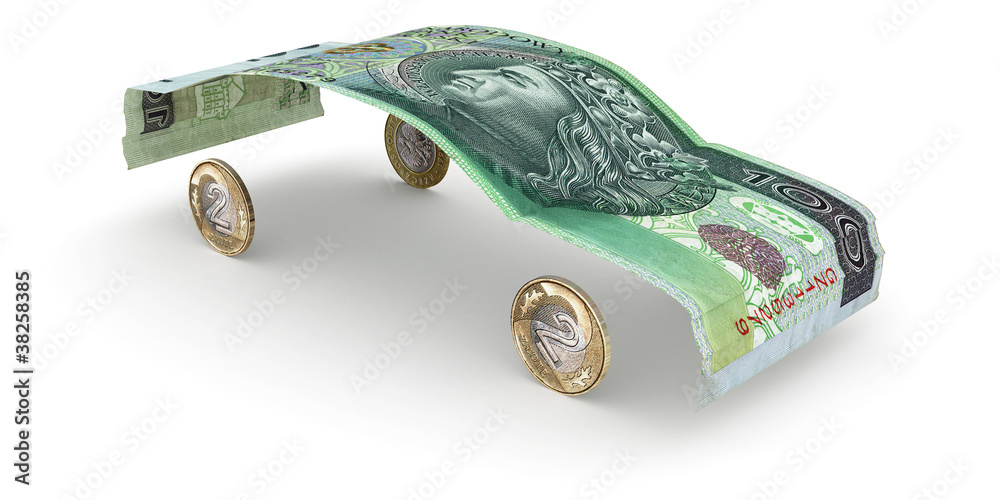 Car made of zloty note and coins - obrazy, fototapety, plakaty 