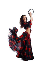 Young Woman Dance In Gypsy With Tambourine