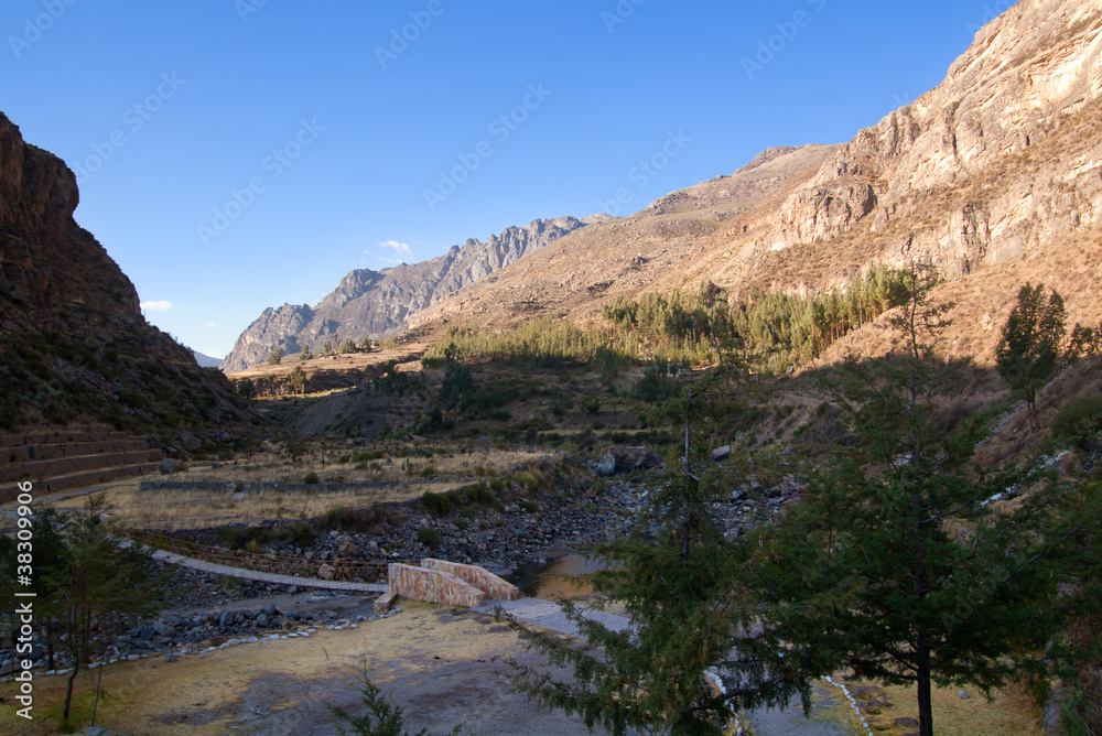 Colca valley and small bridge in La Calera hot springs. Chivay. Stock