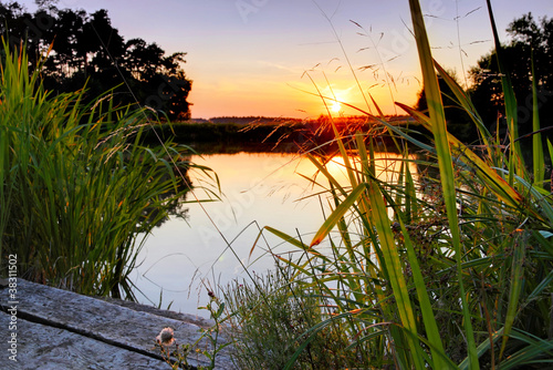 Fototapeta na wymiar Brzeg jeziora na tle romantycznego zachodu słońca
