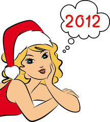 Sticker - Beautiful young girl in Santa Claus clothes. Vector