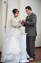 Elegant Groom Wears Wedding Ring Happy Bride