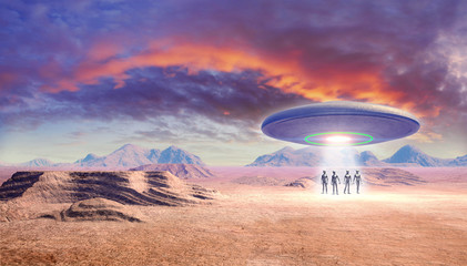 Wall Mural - ufo and aliens in the desert