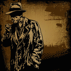Wall Mural - man in hat and retro scratch background