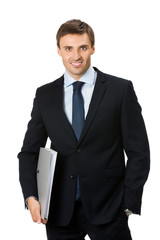 Business man with folder, on white