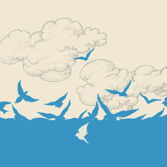 Wall Mural - blue birds flying over sky vector illustration