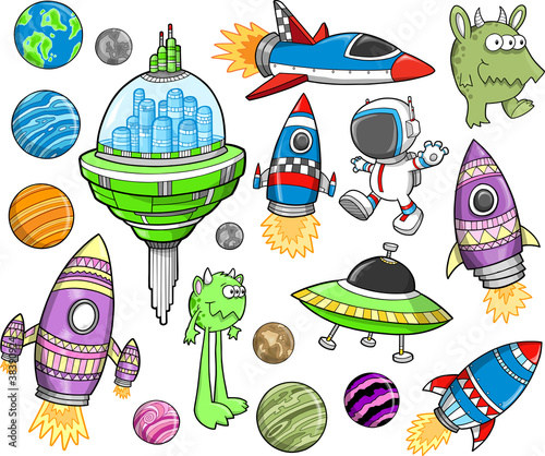 Obraz w ramie Cute Outer Space Vector Design Elements Set