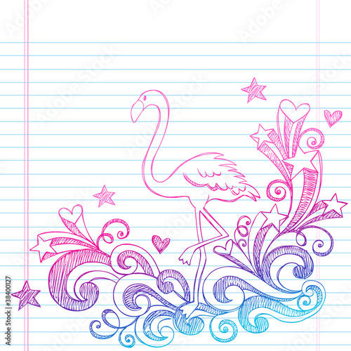 Naklejka dekoracyjna Flamingo Sketchy Summer Doodles Vector