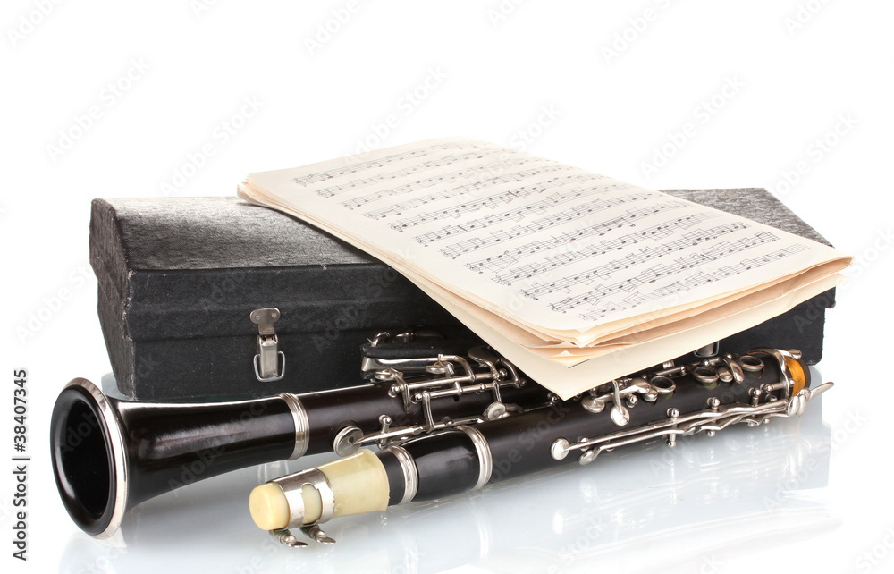 Antique clarinet, case and notebook with notes isolated on white