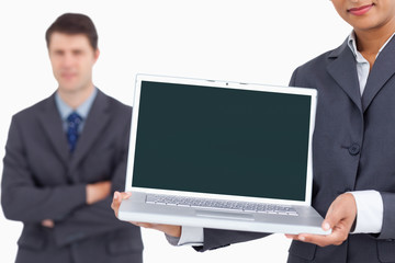 Poster - Close up of laptop screen being presented by salesteam