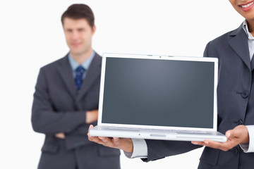 Poster - Close up of notebook screen being presented by salesteam