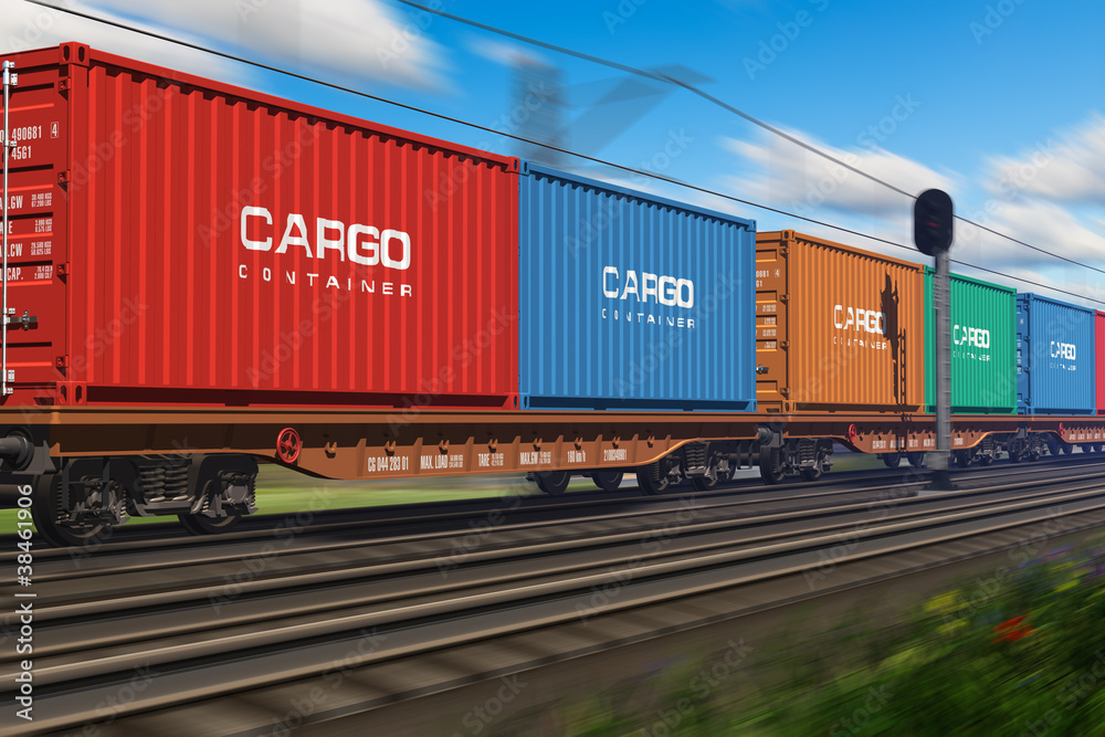 Freight train with cargo containers - obrazy, fototapety, plakaty 