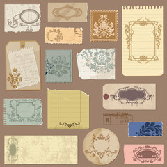 Set of Old paper with Vintage Frames and Damask elements in vect