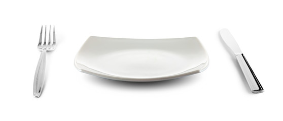 white square plate, knife and fork cutlery isolated with clippin