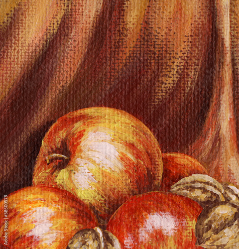 Naklejka dekoracyjna Apples and nuts on a red