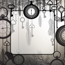 Retro Background With Tree Branches And Antique Clocks And Keys