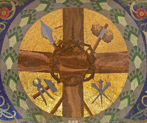 symbols of crucifixion - mosaic from Vienna st. Francis church