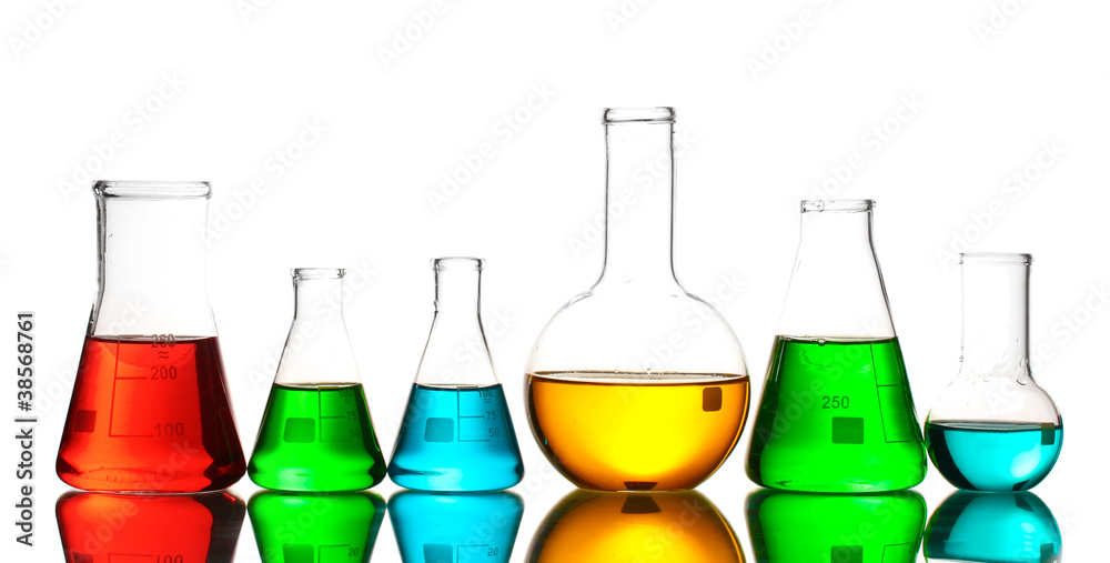 Different laboratory glassware with color liquid