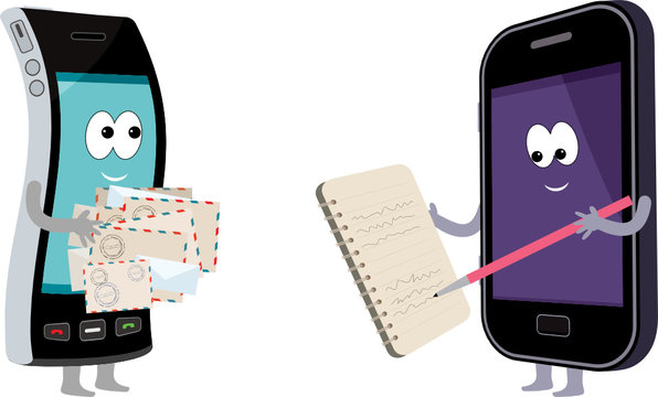 Two smart phones with envelopes and a notebook.