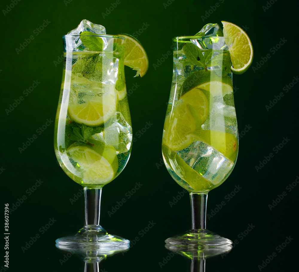 glasses of cocktails with lime and mint on green background