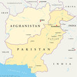 Afghanistan and Pakistan political map with capitals Kabul and Islamabad, with national borders, most important cities, rivers and lakes. Illustration with English labeling and scaling. Vector.