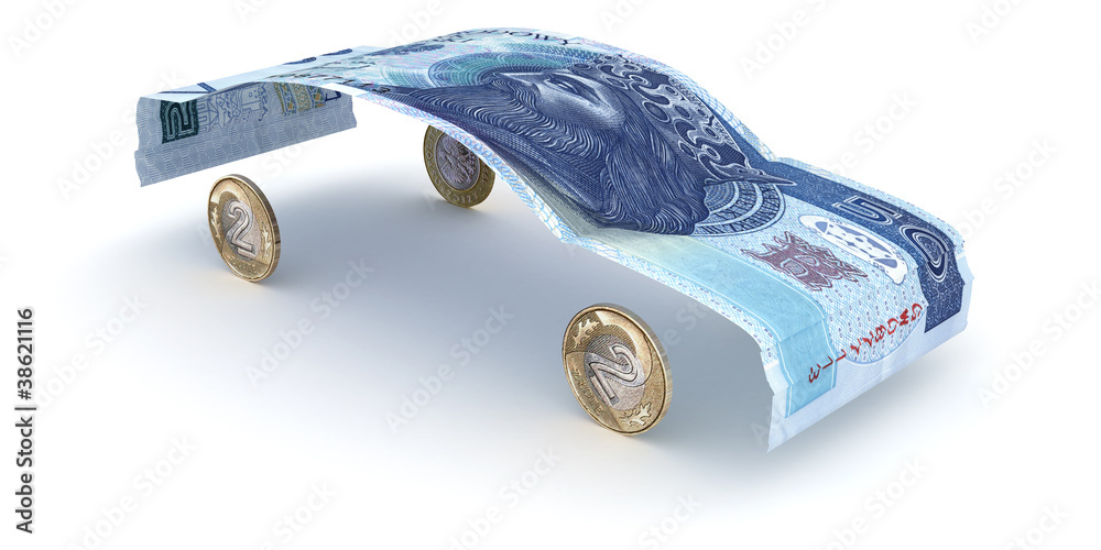 Car made of 50 zloty note and coins - obrazy, fototapety, plakaty 