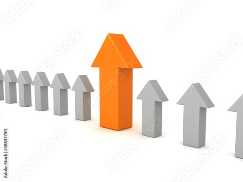one individual unique orange arrow in row of gray others